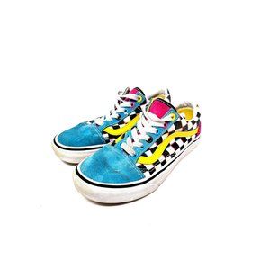Vans Mens 4 Women 5.5 Low Top Neon Checkered Flag Yellow Blue Good